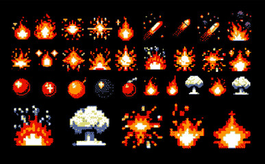 Pixel art 8-bit fire flames, explosion flashes and cartoon sparks set, isolated on black background. Burst animation for retro video game design.