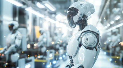 Fototapeta premium Robot working in factory, Industrial robot works automatically in smart autonomous factory, Humanoid robots working in factory 