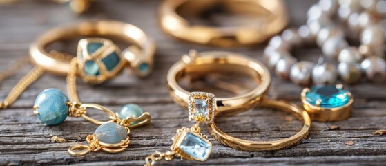 Close up of handcrafted jewelry on a textured wooden surface