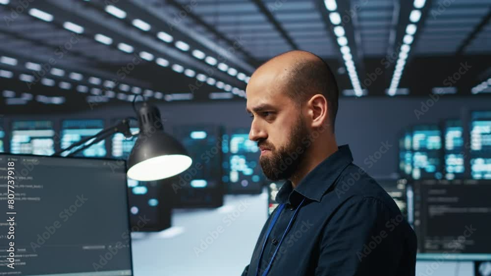 Poster programmer writing code, working in network security data center facility, ensuring optimal performa