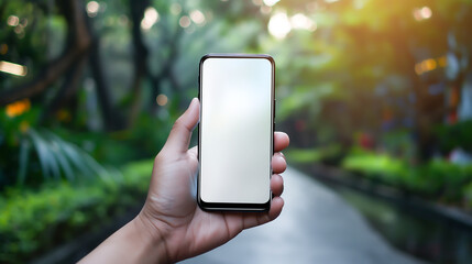 Hand holding smartphone and nature on background. Mockup of a smartphone in hand