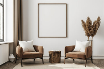 Two Armchairs in a Room with a White Wall, Big Frame, and Pampas Grass on the Side, living room with sofa and table