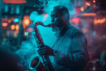 A jazz saxophonist playing in a dimly lit club, smoke swirling around, capturing the soulful essence of a latenight jazz session