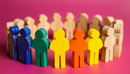 Brightly colored figures on pink background, symbolizing diverse teamwork and unity.