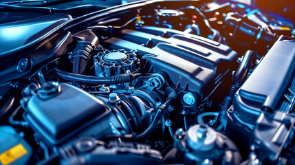 Close-up view of a modern car engine showing intricate details and components.