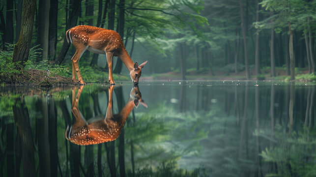 A serene moment captured as a deer drinks from a still forest lake, its reflection perfectly mirrored in the calm waters amidst a misty woodland.