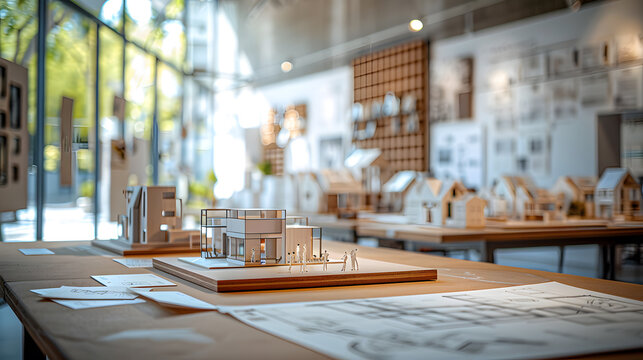 An architectural design studio, with drafting tables and sketches as the background, during an open house event