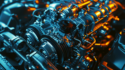 Detailed view of an intricate car engine, showcasing belts, gears, and pistons in metallic blue and orange tones.