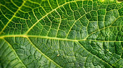 This close-up image captures the intricate veins on a vibrant green leaf, evoking a sense of growth and vitality. The detailed patterns of the veins are highlighted against the lush green backdrop
