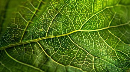 Fototapeta premium This close-up image captures the intricate veins on a vibrant green leaf, evoking a sense of growth and vitality. The detailed patterns of the veins are highlighted against the lush green backdrop