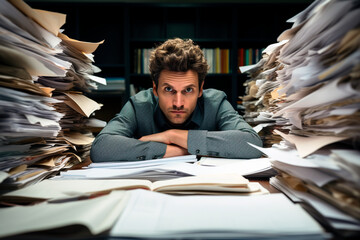 man among a large number of papers, concept of bureaucracy, paperwork
