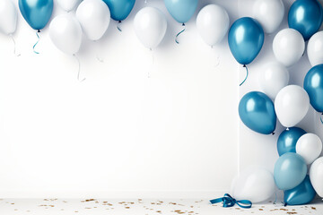 Blank birthday invitation card with balloons and golden confetti	