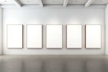Five blank white posters on a white wall. 3d rendering mock up