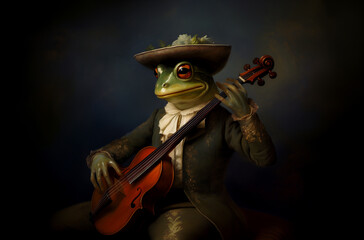 3D ironic animal portrait, Toad, Frog, Medieval, Renaissance, Poster, Wallpaper. FROGGY THE MINSTREL. This toad learned the noble art of making the sound come out of the violin strings using paws
