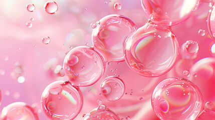 High-resolution image featuring multiple transparent bubbles floating on a pink gradient background.