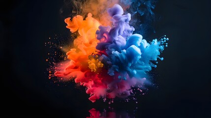 Colorful smoke explosion on a black background, vibrant colors of blue, pink, orange and yellow paint