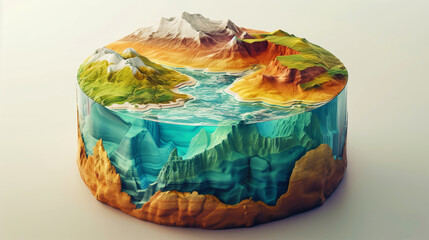 Artistic depiction of a cylindrical landscape slice, depicting mountains, valleys, a lake, and underwater terrain.