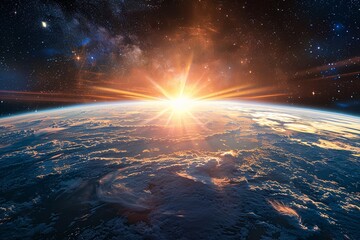 Panoramic view of the Earth, Sun, stars and galaxy. Sunrise over planet Earth, view from space