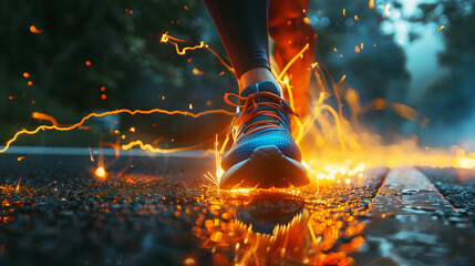 Close-up of a runner's shoe on a rainy road, surrounded by sparks and dynamic light trails.