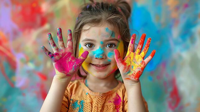 a little girl with painted hands on a colorful background