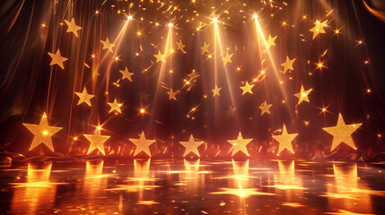 Obraz premium A glamorous stage illuminated with golden stars and spotlights, featuring an impressive shiny curtain.