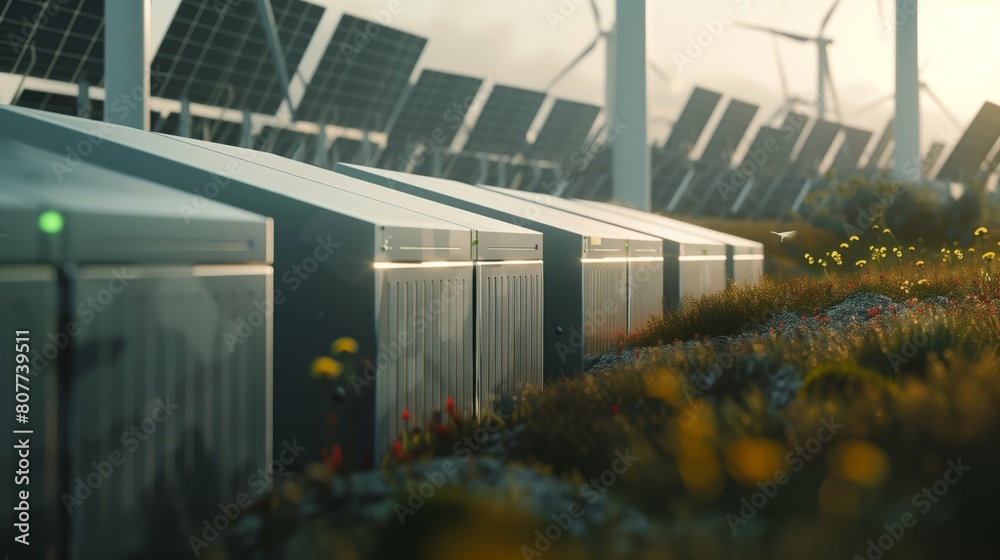 Sticker low-angle view of a renewable energy farm with solar panels and wind turbines amid lush vegetation.