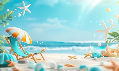 Tropical Beach Scene with Starfish, Shells, and Sunglasses on Sand - Summer 3D Backgroun