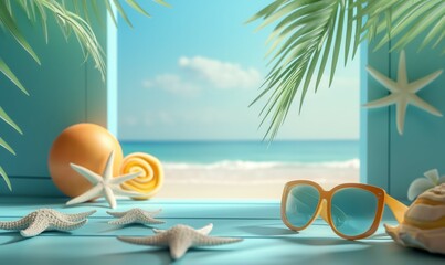 Tropical Beach Scene with Starfish, Shells, and Sunglasses on Sand - Summer 3D Backgroun