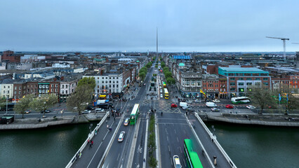 Aerial view of famous O'Connell Street with Spire in Dublin