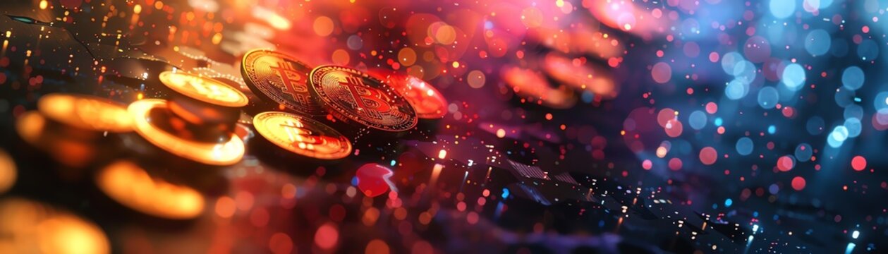 Dynamic and colorful visual of diverse cryptocurrency coins with digital blockchain patterns in the background Focuses on cuttingedge financial technology