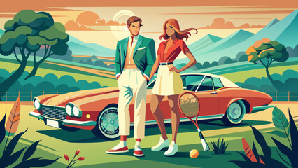 Vintage Fashion Couple with Classic Car on Countryside Road Trip