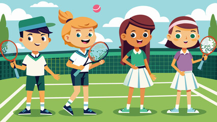 Cheerful Children Playing Doubles Tennis on the Court