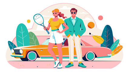 Fashionable Couple with Classic Car and Sports Equipment