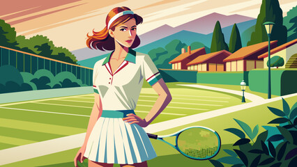 Retro Female Tennis Player on Court at Sunrise Illustration