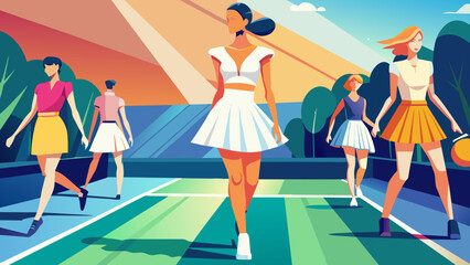 Vibrant Illustration of Women Enjoying a Tennis Match at Sunset