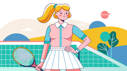 Confident Female Tennis Player Posing on Court Illustration