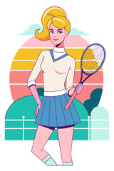 Vibrant Tennis Player Illustration with Retro Sunset Background