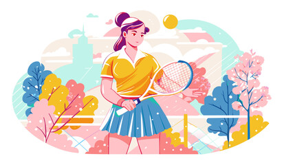 Vibrant Illustration of a Female Tennis Player in an Urban Park Setting