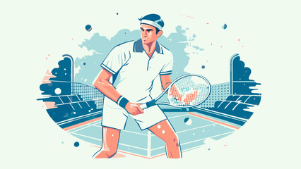 Dynamic Male Tennis Player Ready for Action on Court Illustration