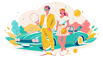Vintage Tennis Outfits and Classic Car Illustration - Retro Style Concept