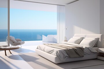 Minimalist Bedroom with Ocean View and White Simple Furniture 