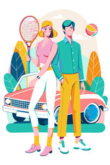 Retro Style Couple Posing with Vintage Car and Tennis Racket