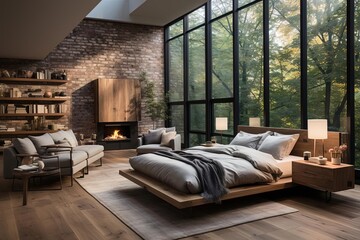 Modern Bedroom with Fireplace and Floor-to-Ceiling Windows 