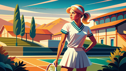 Vintage Style Female Tennis Player on Retro Court Illustration