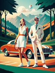 Vintage Elegance: Sophisticated Couple by Classic Car in Scenic Mountains