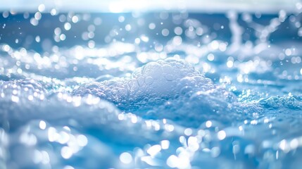 Close-up view of vivid blue soapy water with bubbles and sparkling light reflections.