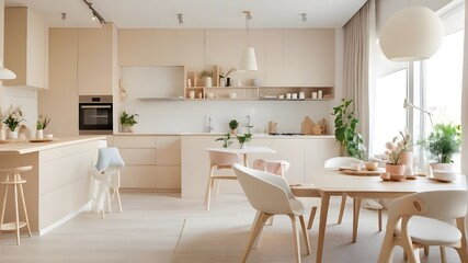Fototapeta premium The large, cheery studio apartment is decorated in a Scandinavian manner using warm pastel white and beige colors. Contemporary elements in the kitchen and stylish furnishings in the