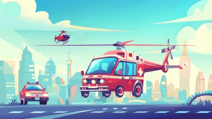 Medic helicopter and emergency vehicle on cityscape background. Hospital call and ambulance service concept. Cartoon modern illustration.