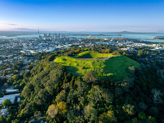 Aerial: mt eden volcano at dusk, Auckland, New Zealand