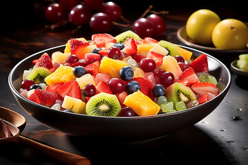Healthy fruit salad in a bowl on a black wooden background.